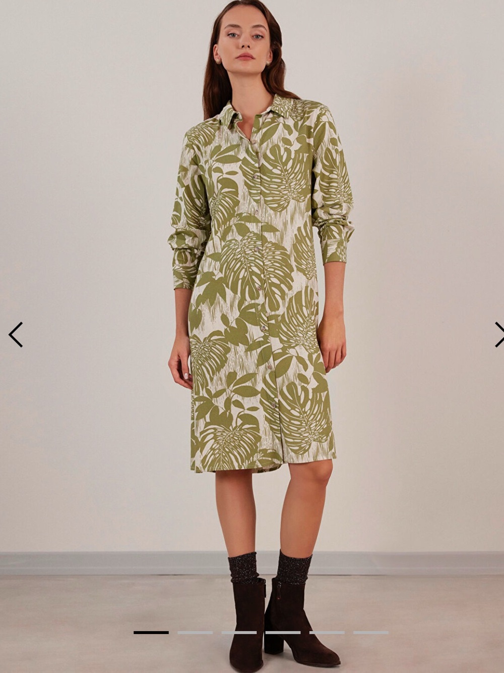 Yarguci Linen Blend Monsterra Print Belted Shirt Dress Green